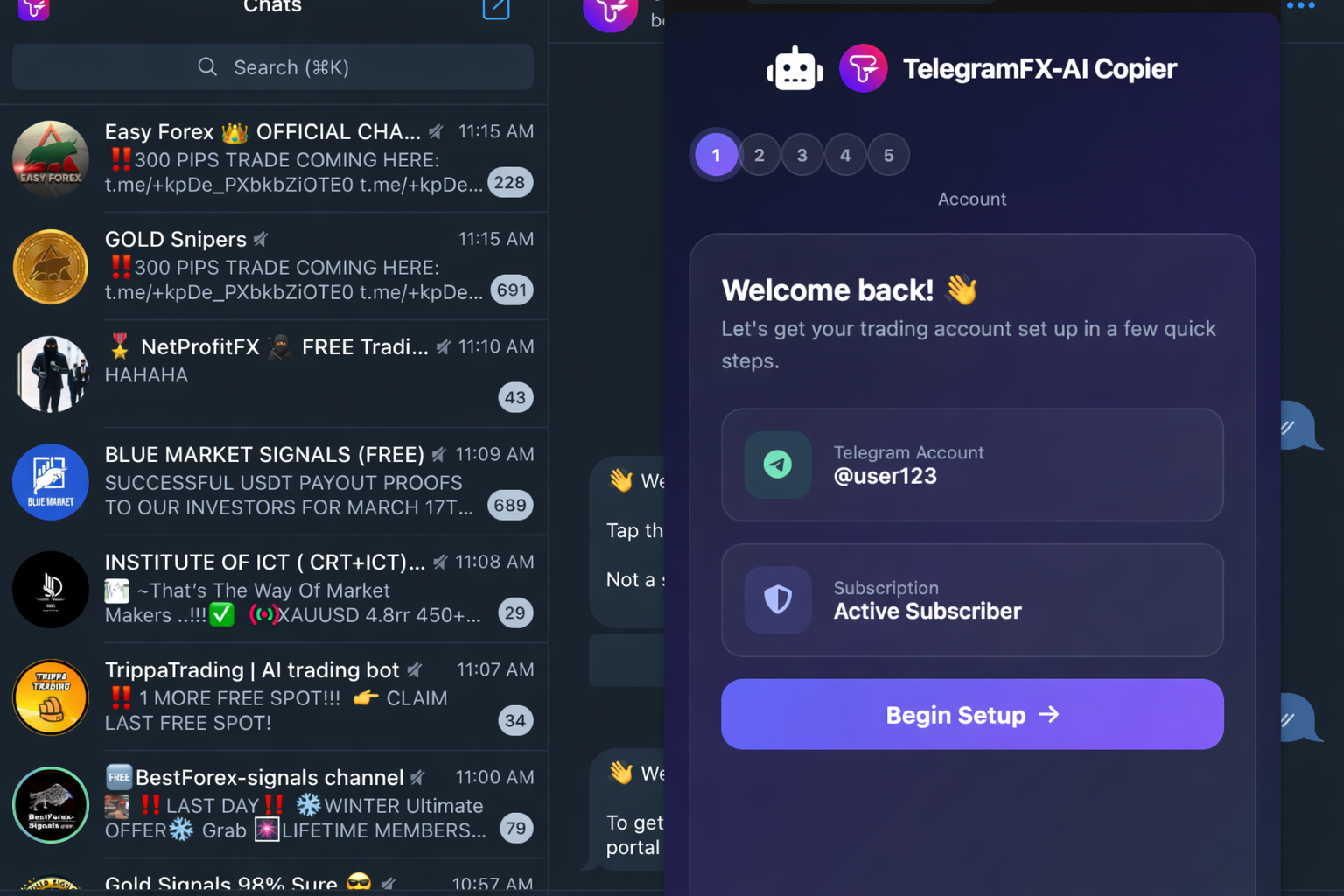 TelegramFX Copier Mini App — native Telegram onboarding